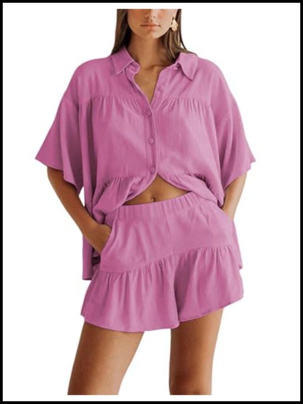 Womens 2 Piece Outfit Ruffle Hem Shirt and High Waist Shorts Set